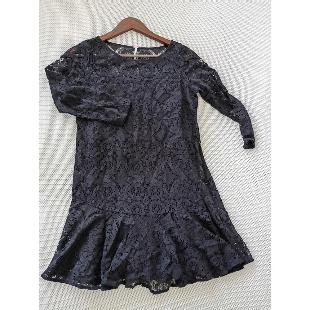 Free People Coquette Black Floral Lace Ruffle Hem Mini Dress 3/4 Sleeve S